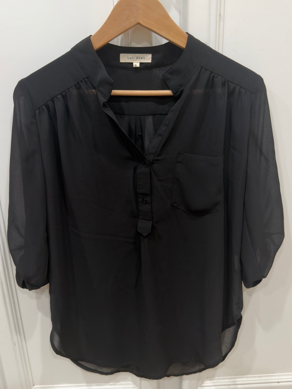 Lac Bleu Black Semi-Sheer Split-Neck Blouse